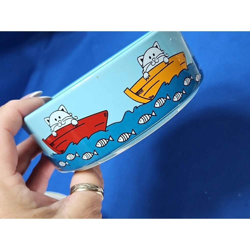 2 Whisker City Cat Food Water Bowl Dish Fishing Whimsical Abstract Cats